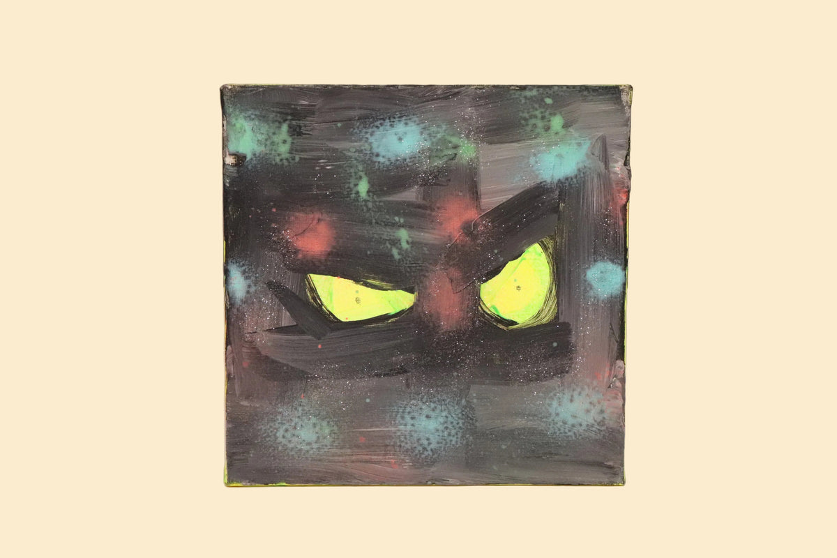 Handgemaakt Abstract Schilderij met Gifgroene Ogen – 20 × 20 cm