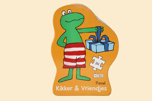 Kikker & Vriendjes verjaardagspuzzel – voorkant van de doos met Kikker en cadeautje